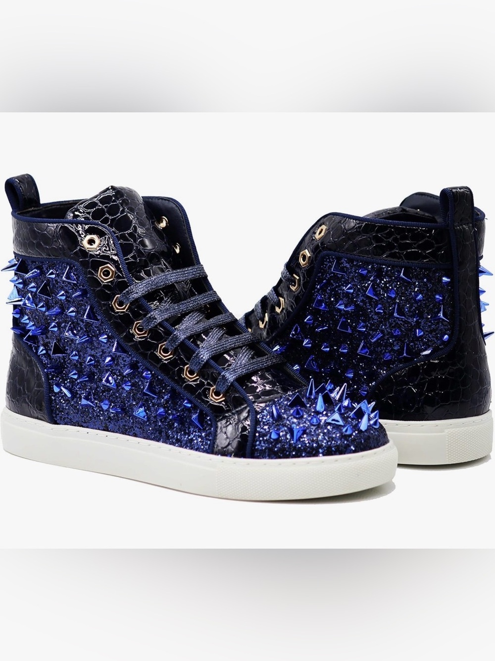 Fiesso Navy Blue High-Top Studded Sneakers